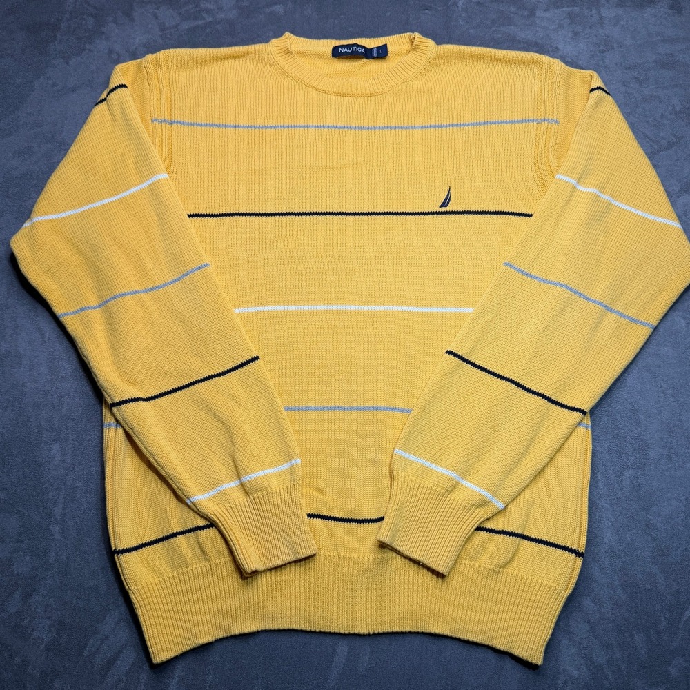Nautica Pullover Sweater Mens Large Yellow Striped 100% Cotton Crew Neck Preppy